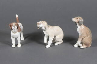 A Lladro figure of a standing hound 13cm, a ditto seated hound 10cm and another 10cm (this lot is in good condition) 