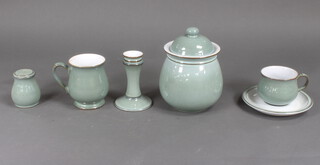 A quantity of pale green Denby tableware comprising coffee mugs, tea cups and saucers, tea and coffee pots, side plates ( matched set approx 60 pieces )
