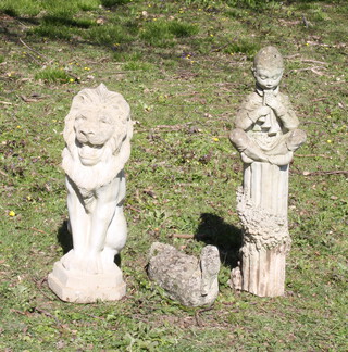 A reconstituted stone figure of a seated lion 49cm x 20cm, ditto swan 21cm h x 28cm w x 14cm d and a seated pan with column 28cm x 20cm x 15cm (base a/f)