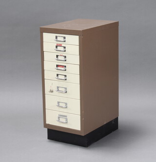 A brown and cream 8 drawer metal filing chest 68cm h x 28cm w x 41cm d 