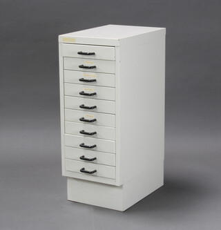 A white painted metal 10 shallow drawer filing cabinet 71cm h x 28cm w x 41cm d  