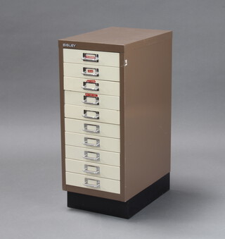A Bisley brown and grey filing chest of 10 shallow drawers 67cm h x 28cm w x 41cm d 