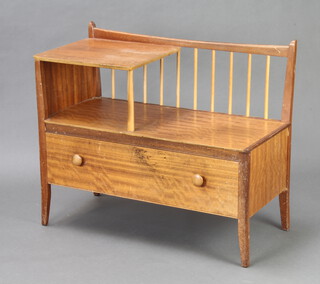 A mid Century teak telephone seat with railed back fitted a drawer 76cm h x 89cm w x 43cm d (contact marks in places)
