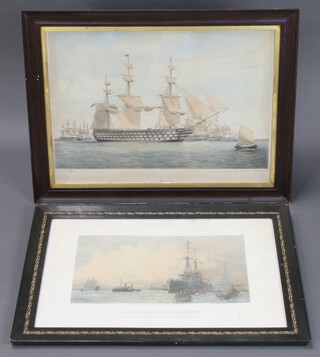 T G Dussant, coloured print "HMS Duke of Wellington, 131 Guns" 40cm x 60cm together with W R Wylie coloured print "HMS Bellerophon" 26cm x 45cm 