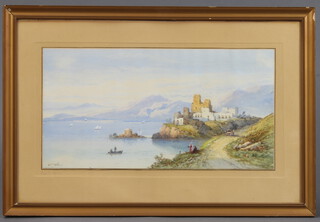 E St John, watercolour, Italian lakeside scene with figures and distant buildings 