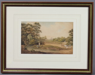 19th Century watercolour, rural landscape with figures and cattle 17cm x 27cm 
