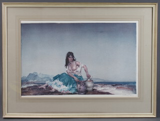 Sir William Russell Flint, print signed in pencil, study of a semi-clad Spanish lady on a beach 42cm x 64cm 