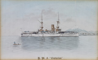 Early 20th Century watercolour unsigned, "HMS Centurion" off Mount Fuji 10cm x 16cm 