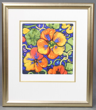 20th Century limited edition coloured print of flowers, 98/350 indistinctly signed Simon Reed? 34cm x 31cm 
