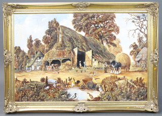 20th Century oil on canvas unsigned, farmyard scene with figures and animals 60cm x 90cm 