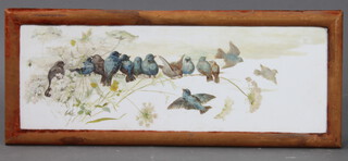 Edwardian painting on glass, study of birds 22cm x 65cm 