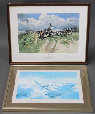 Robert Taylor, coloured print "Spitfire" signed by Douglas Bader and Johnny Johnson 33cm x 47cm, together with Geoff Nutkins, print signed in pencil, "Double Trouble" aeronautical study 34cm x 50cm 
