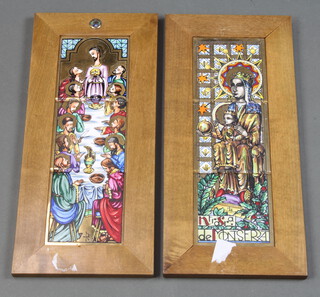 A pair of Icons in the form of painted tiles, framed 31cm x 9cm 