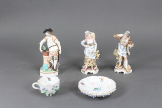 A 19th Century German porcelain tea cup and saucer with applied flowers and painted insects, 3 Continental porcelain figures (all a/f)