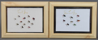A framed arrangement of trout flies and ditto sea trout fishing flies 17cm x 25.5cm 