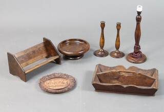 A 19th Century rectangular mahogany twin section cutlery tray 9cm h x 39cm w x 46cm d, 2 turned wooden candlesticks 24cm h x 9cm and an expanding bookend 