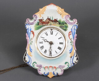 A 19th Century Continental ceramic wall clock decorated buildings 