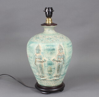 An Indian earthenware baluster table lamp decorated with figures 40cm