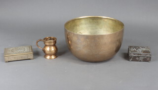 A polished brass deep bowl 25cm and minor metalware