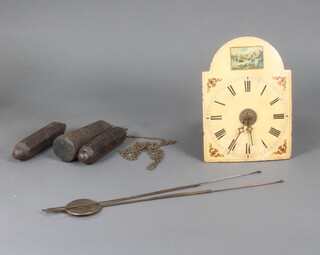 A Continental wall clock with painted arched dial together with pendulum and weights 20cm x 15cm 