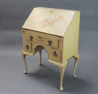 A 1950's Italian style white painted bureau, the fall front above 1 long and 2 short drawers raised on cabriole supports 99cm h x 69cm w x 41cm d 
