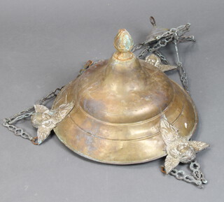 Three 1920's gilt metal hanging light fittings decorated cherubs with acorn finials 33cm x 40cm 
