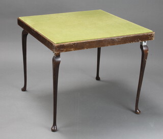 A beech framed folding bridge table on cabriole supports 64cm h x 76cm w x 76cm d 