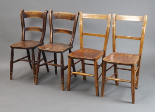 A pair of 19th Century beech framed Windsor stick and bar back dining chairs with H framed stretcher and a pair of beech and elm ladder back dining chairs with box frame stretchers 