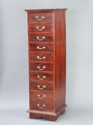 A Georgian style mahogany pedestal chest of 10 short drawers with moulded corners and brass swan neck drop handles, raised on bracket feet 134cm h x 40cm w x 41cm d 