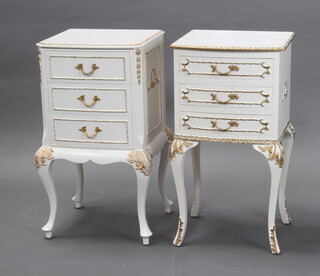 Two cream and gilt painted Louis style bow front bedside chests of 3 drawers 66cm h x 37cm w x 33cm d 