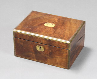 A Victorian walnut and brass banded writing slope with hinged lid 15cm h x 30cm w x 23cm d (some light scratches and pitting in places, the interior requires restoration) 