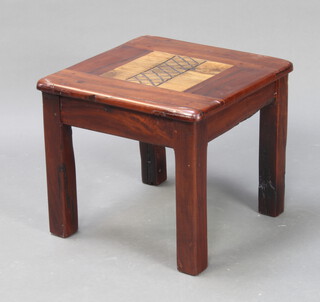 A square rectangular carved hardwood occasional table formed from reclaimed railway sleepers 42cm h x 49cm w x 49cm d  (marked to the base Rail Antique Collection) 