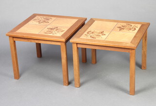 A pair of mid Century square teak tiled top coffee tables on square supports 43cm h x 52cm w x 52cm d (1 has a cracked tile, the other water damage and sun bleached)