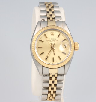 A lady's Rolex Oyster Perpetual date wristwatch on a bimetallic bracelet, the case stamped 5058428 contained in a 25mm case 