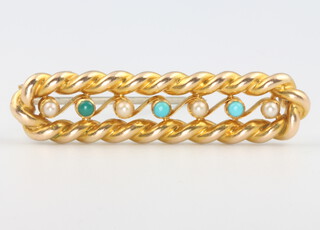 An Edwardian 15ct yellow gold seed pearl and turquoise bar brooch 40mm, 4.7 grams gross 