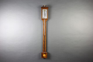 Russell of Norwich, a Georgian style mercury stick barometer and thermometer with silvered dial contained in an inlaid mahogany case with broken pediment 95cm h x 11cm w x 5cm d 