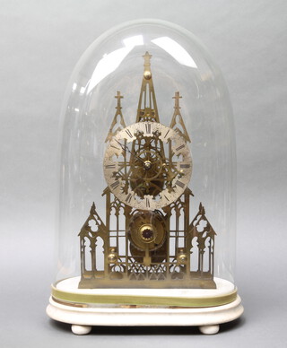 A Victorian fusee skeleton clock in the form of a cathedral front with 14cm silvered dial and Roman numerals, raised on an oval marble case complete with pendulum and key, the pierced gilt metal clock measures 38cm h x 7cm w x 23cm d, complete with glass dome (some minor chips to base commensurate with age and wear) overall measurement including dome and base 59cm h x 33cm w x 18cm d 
