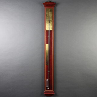 FCC England, a Georgian style mercury stick barometer and thermometer with brass dial, contained in a mahogany case 101cm h x 14cm w x 4cm d