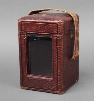 A 19th Century red leather repeating carriage clock case, the base marked 13,069, inside measurement 14cm h x 9.5cm w x 8.5cm d, exterior measurement 19cm h x 12cm w x 11cm d 