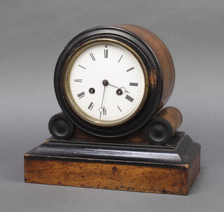 Japy Freres, a French 19th Century 8 day mantel clock, striking on a bell  with 12cm circular enamelled dial, Roman numerals, contained in a walnut and ebonised drum case with scroll decoration, complete with pendulum and key, the back plate marked 2941, 22cm h x 25cm w x 14cm d 