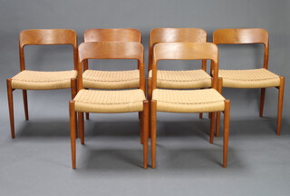 Niels Moller for J L Moller Danish, model no. 75, a set of 6 20th Century teak bar back dining chairs with woven paper cord seats, 2 the bases marked J L Moller, 2 marked Danish Furniture Makers and 2 unmarked 74cm h x 48cm w x 42cm d 