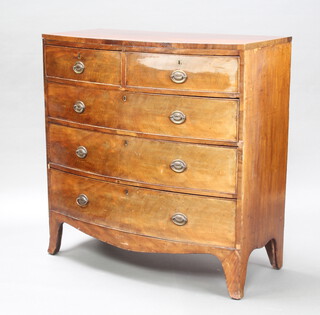 A 19th Century mahogany bow front chest fitted 2 short and 3 long drawers, raised on splayed bracket feet 104cm h x 104cm w x 51cm d 