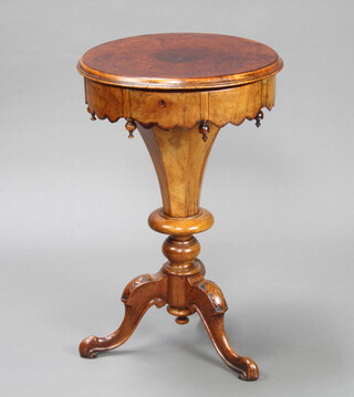 A Victorian circular walnut work table of conical form, raised on carved tripod supports 71cm h x 40cm w
