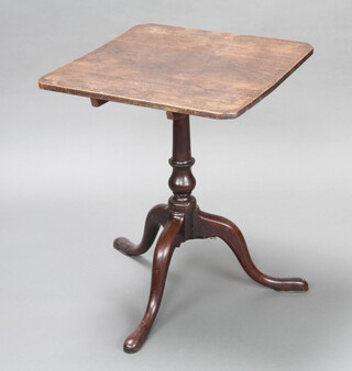 A 19th Century square mahogany snap top wine table raised on a turned column and tripod base 70cm h x 59cm w x 47cm d 