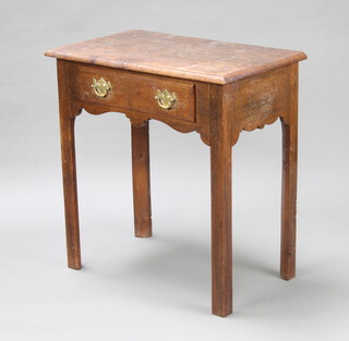 An 18th Century oak side table fitted a drawer with replacement drop handles, raised on square supports 75cm h x 74cm w x 43cm d 