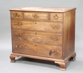A Georgian bleached mahogany chest of 3 short and 3 long drawers with brass swan neck handles, raised on ogee bracket feet 90cm h x 89cm w x 54cm d  