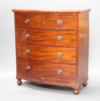 A Victorian mahogany bow front chest of two short and 3 long drawers with replacement metal handles, raised on bun feet 114cm h x 103cm w x 52cm d 