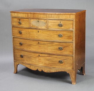 A Georgian bleached inlaid mahogany bow front chest of 3 short and 3 long drawers, raised on splayed bracket feet 110cm h x 117cm w x 54cm d  