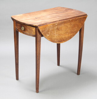 A Georgian bleached mahogany oval drop flap Pembroke table fitted a frieze drawer, raised on square tapered supports 72cm h x 76cm w x 44cm when closed by 91cm when open  