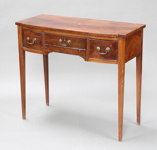A 19th Century mahogany bow front side table fitted 3 frieze drawers with brass swan neck handles, raised on square tapered supports 78cm h x 89cm w x 40cm d 